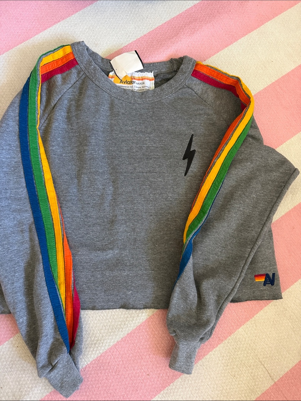 Aviator Nation Kids Gray Crewneck Sweatshirt with Rainbow Stripe Sleeves
